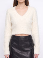 Fraythe Fluffy V-Neck Crop Jumper – Cashmere Feel Women Sweater Cropped Long Sleeve Knit Top