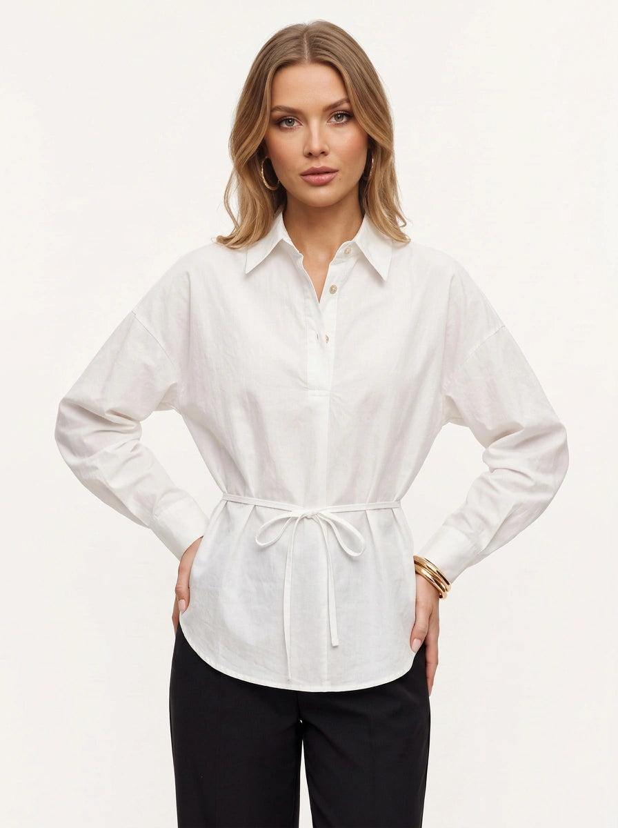 Cyncha Relaxed Tie-Waist Shirt – Button Up Women Casual Office Smart Work Collared Longline Shirt