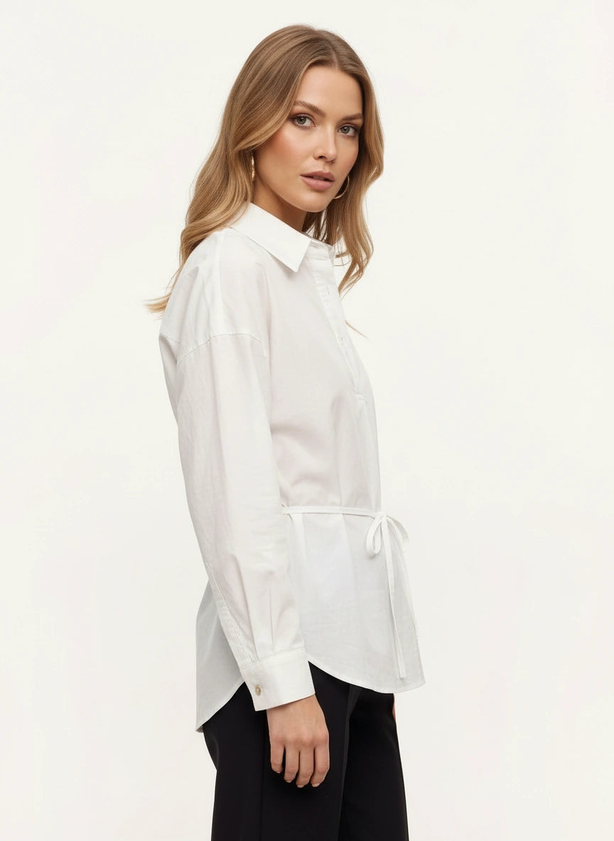 Cyncha Relaxed Tie-Waist Shirt – Button Up Women Casual Office Smart Work Collared Longline Shirt