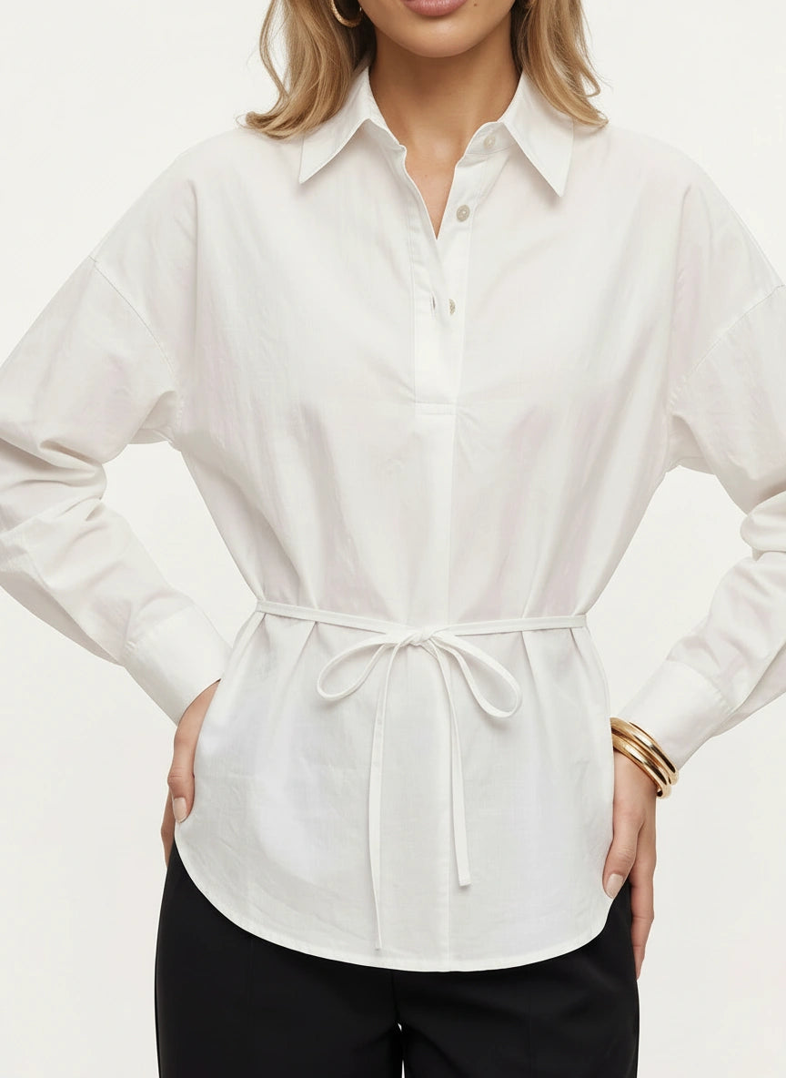 Cyncha Relaxed Tie-Waist Shirt – Button Up Women Casual Office Smart Work Collared Longline Shirt