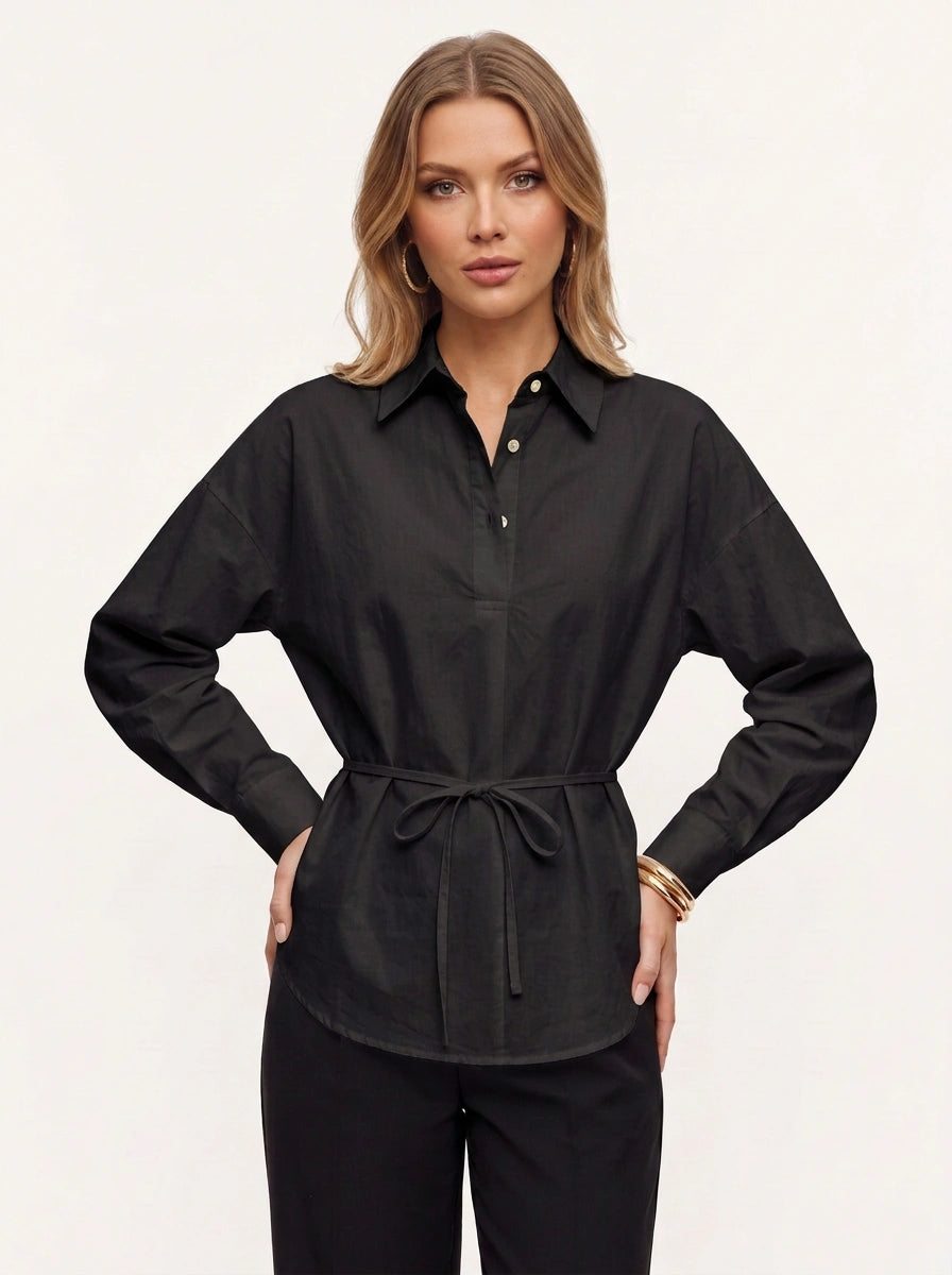 Cyncha Relaxed Tie-Waist Shirt – Button Up Women Casual Office Smart Work Collared Longline Shirt