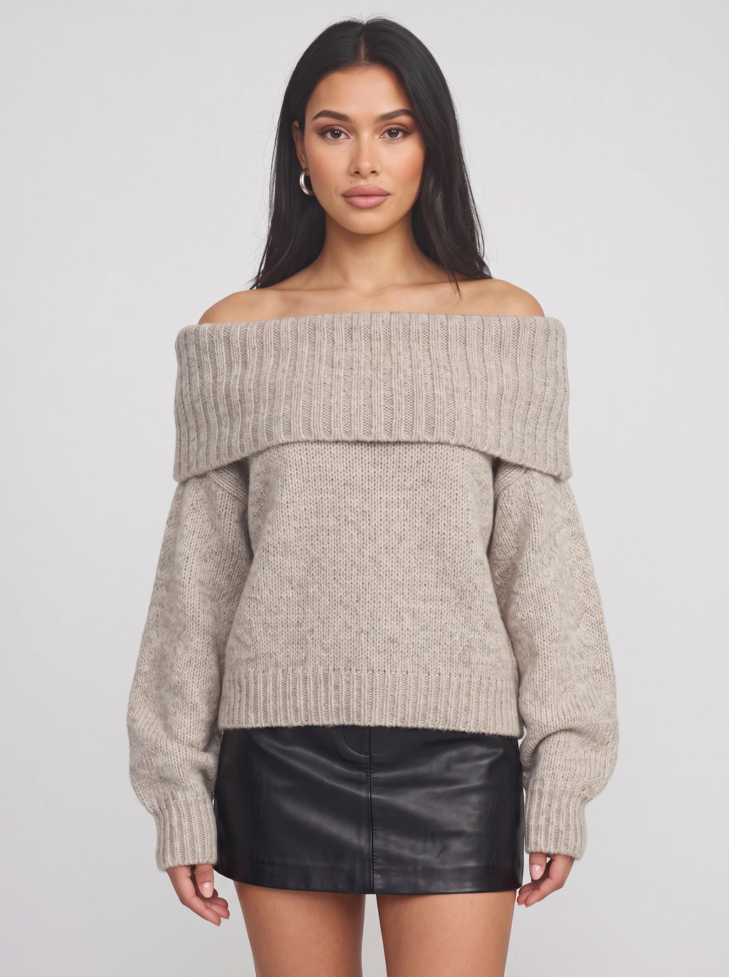 Foldene Off-Shoulder Knit Jumper – Women Bardot Neck Slouchy Relaxed Fit Oversized Autumn Knitwear Top