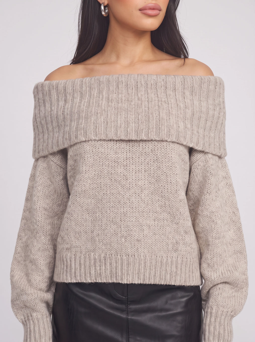 Foldene Off-Shoulder Knit Jumper – Women Bardot Neck Slouchy Relaxed Fit Oversized Autumn Knitwear Top