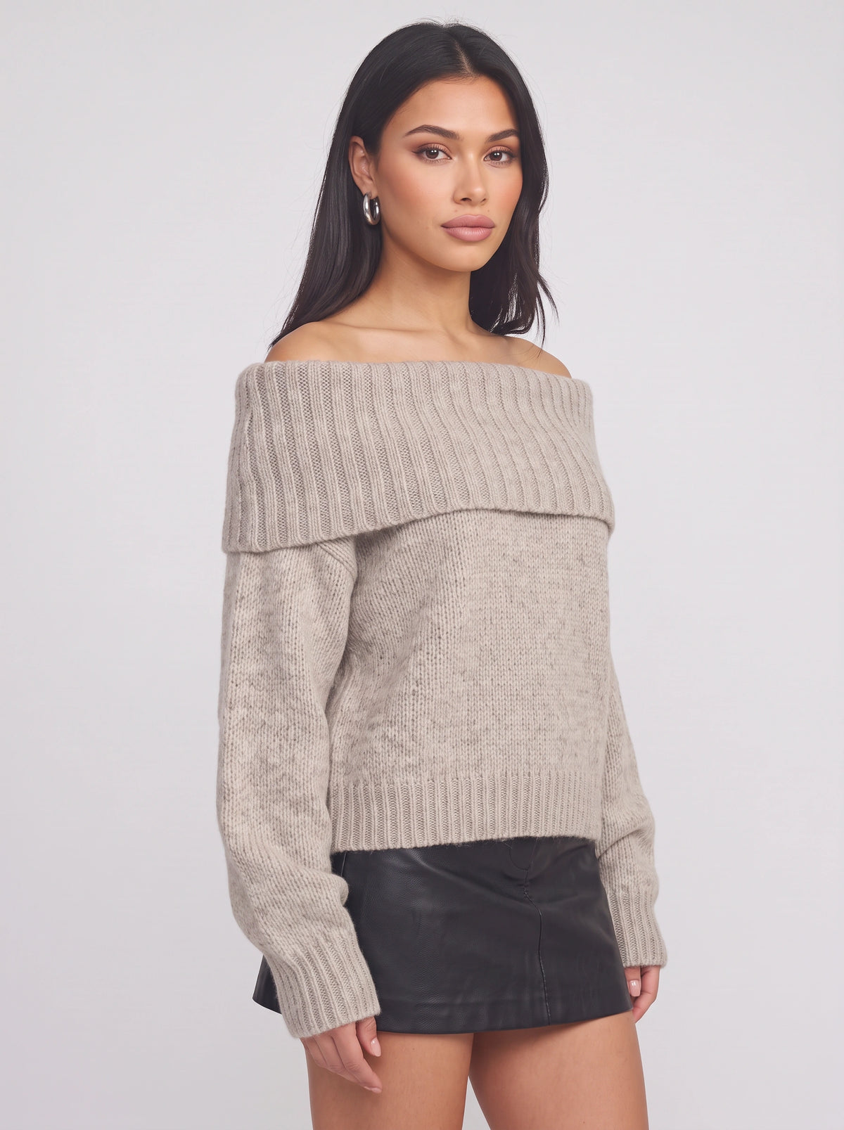 Foldene Off-Shoulder Knit Jumper – Women Bardot Neck Slouchy Relaxed Fit Oversized Autumn Knitwear Top