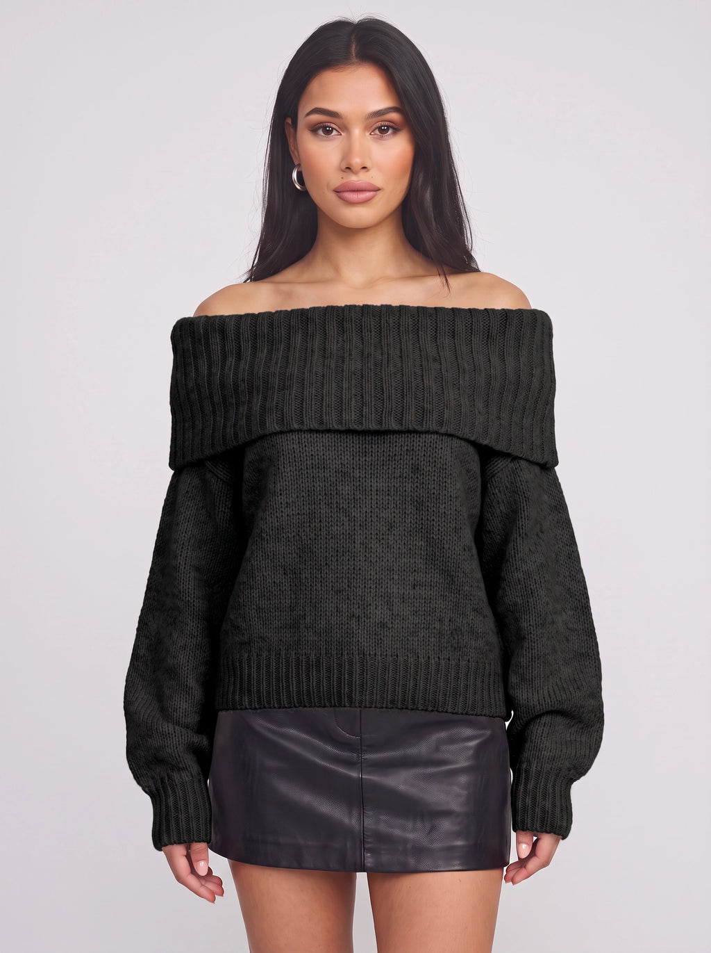 Foldene Off-Shoulder Knit Jumper – Women Bardot Neck Slouchy Relaxed Fit Oversized Autumn Knitwear Top