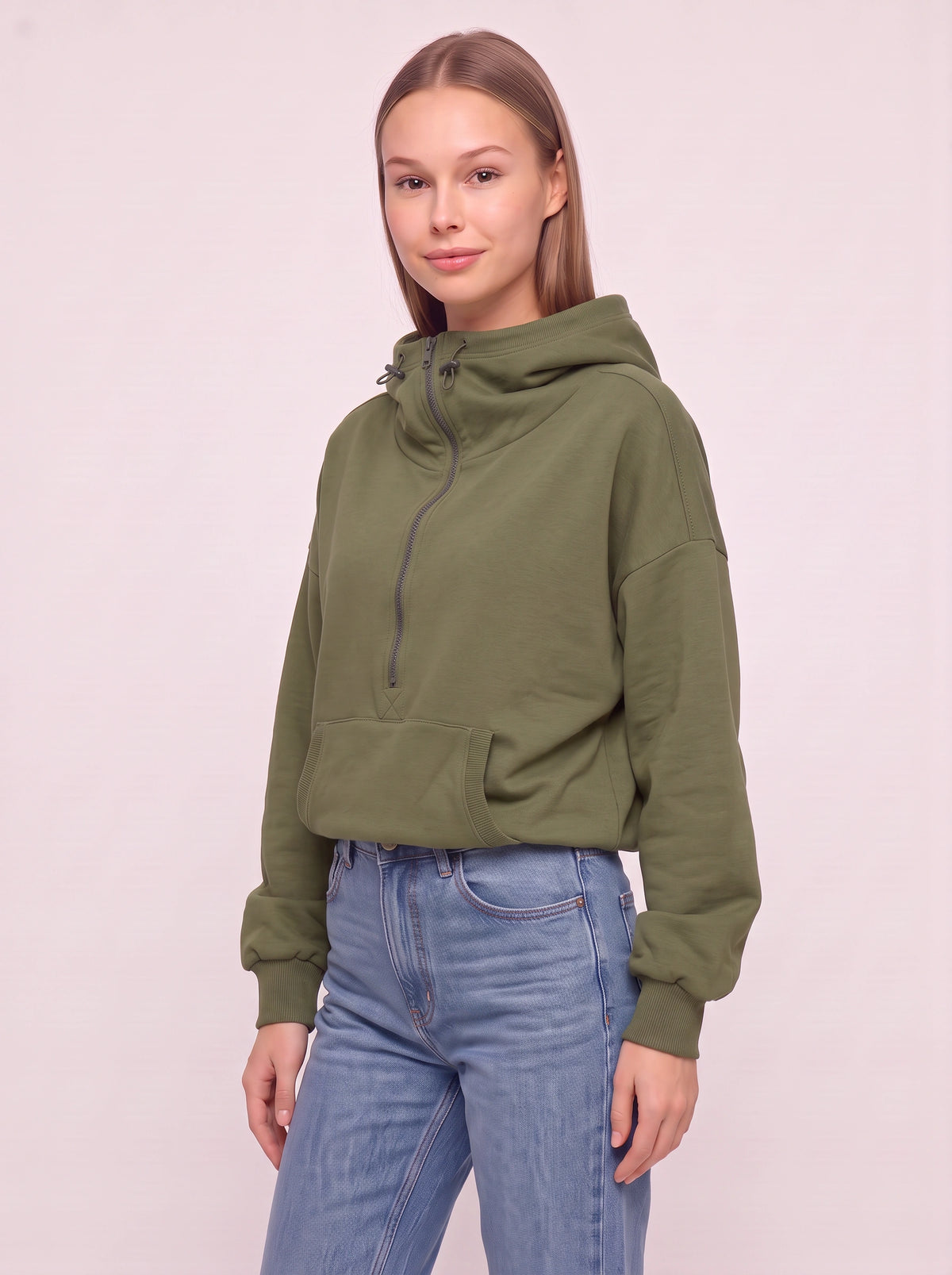 Halpzi Oversized Half-Zip Crop Hoodie – Women Pullover Streetwear Casual Athleisure High Neck Sweatshirt