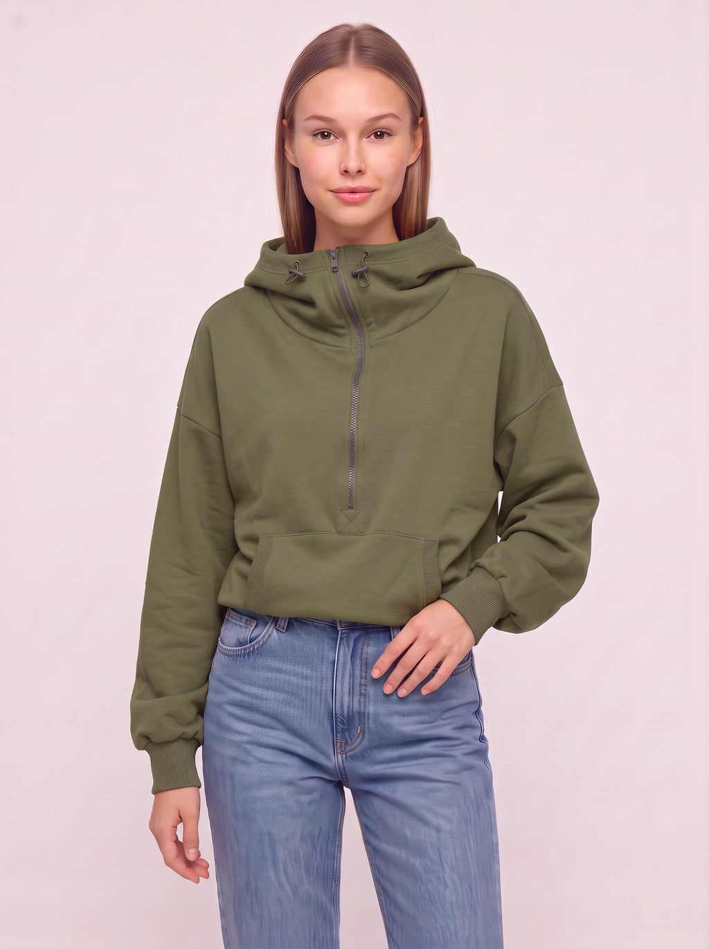 Halpzi Oversized Half-Zip Crop Hoodie – Women Pullover Streetwear Casual Athleisure High Neck Sweatshirt