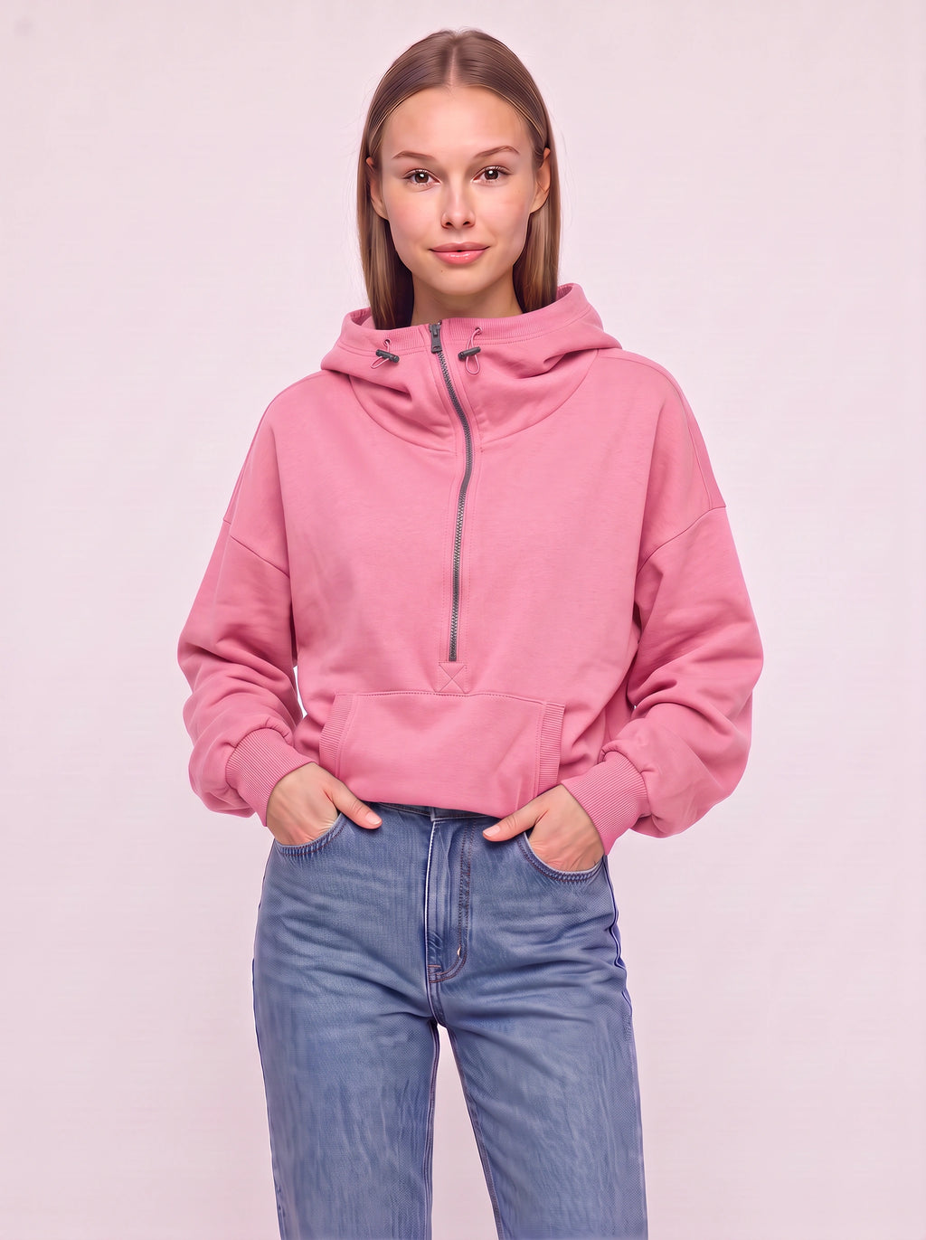 Halpzi Oversized Half-Zip Crop Hoodie – Women Pullover Streetwear Casual Athleisure High Neck Sweatshirt