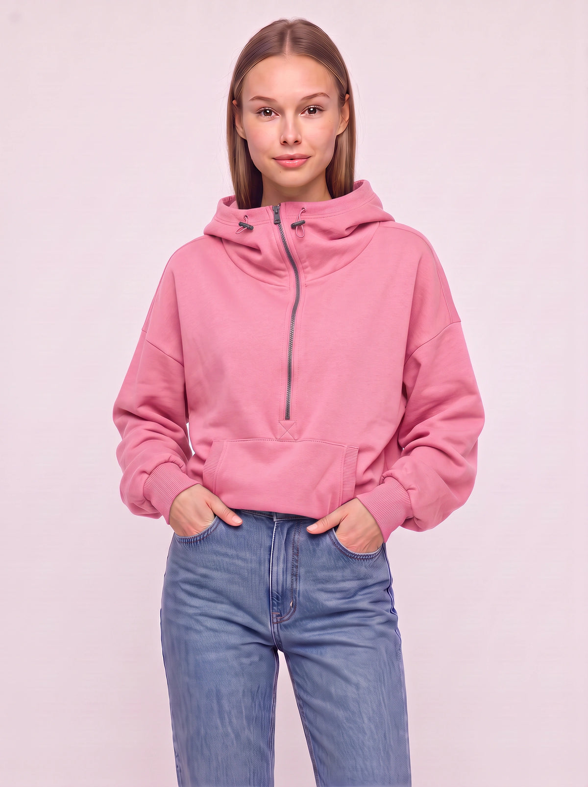 Halpzi Oversized Half-Zip Crop Hoodie – Women Pullover Streetwear Casual Athleisure High Neck Sweatshirt