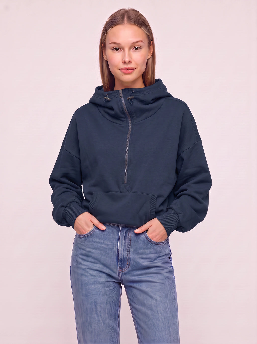 Halpzi Oversized Half-Zip Crop Hoodie – Women Pullover Streetwear Casual Athleisure High Neck Sweatshirt