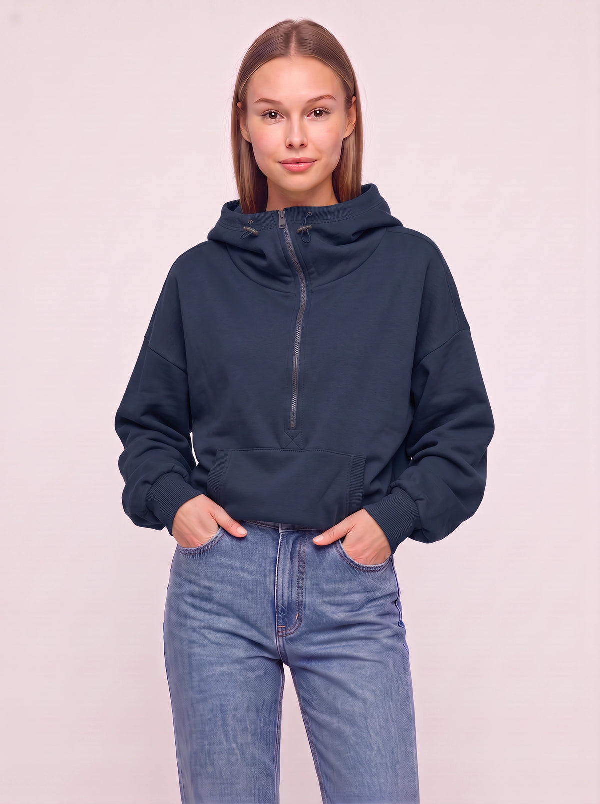 Halpzi Oversized Half-Zip Crop Hoodie – Women Pullover Streetwear Casual Athleisure High Neck Sweatshirt