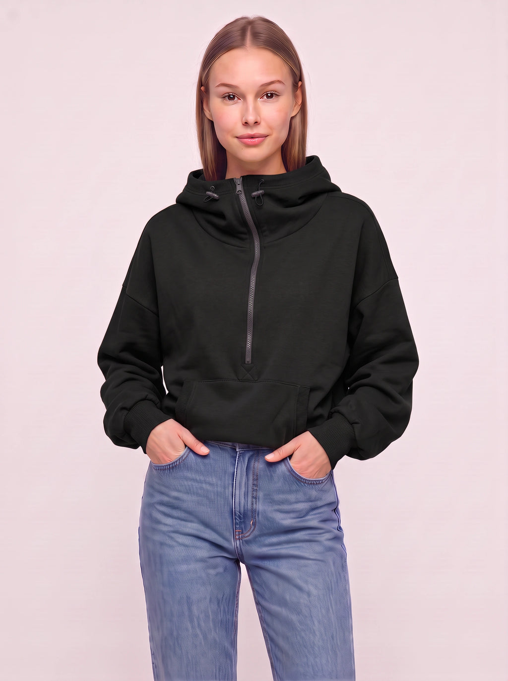 Halpzi Oversized Half-Zip Crop Hoodie – Women Pullover Streetwear Casual Athleisure High Neck Sweatshirt