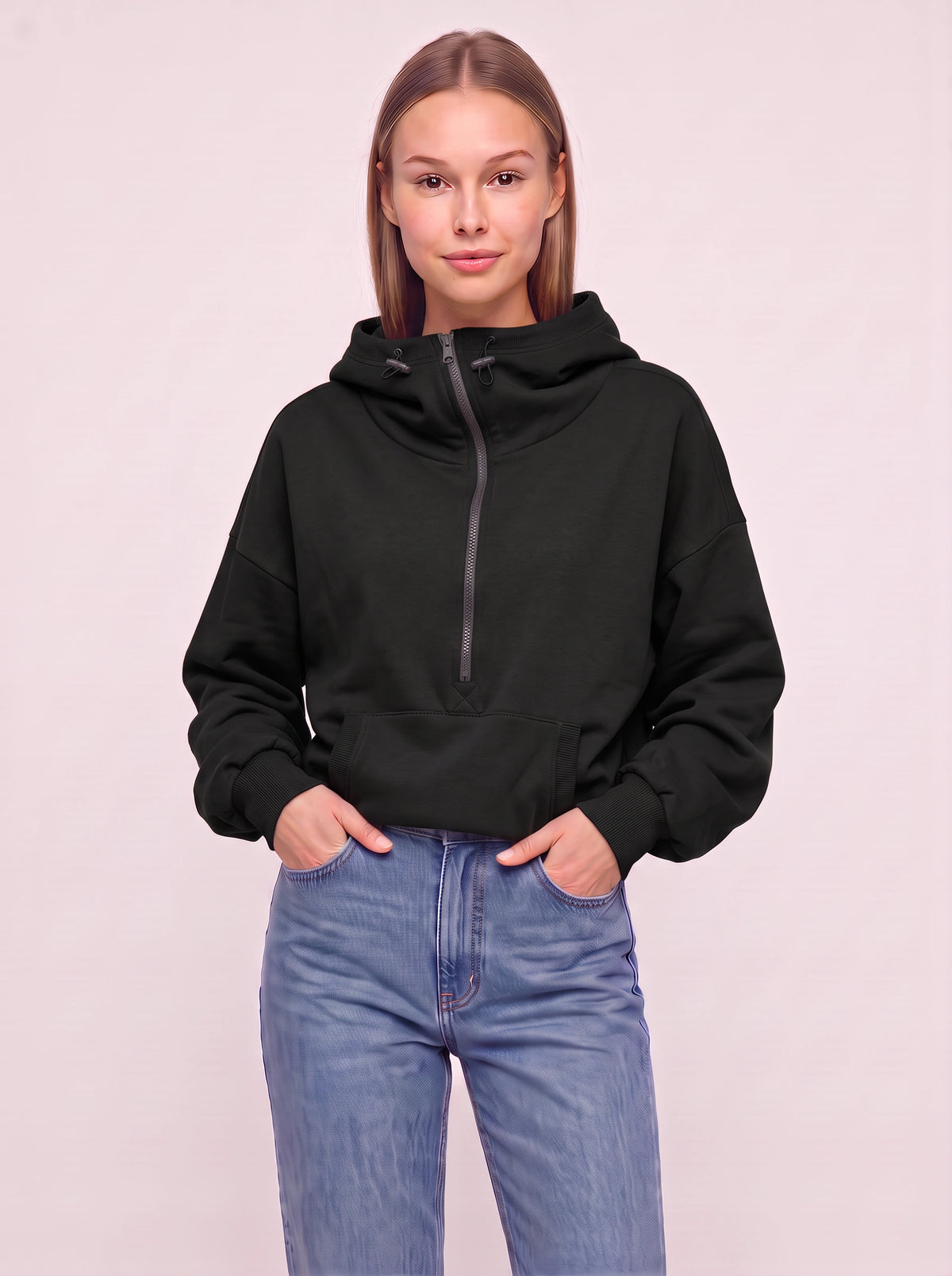 Halpzi Oversized Half-Zip Crop Hoodie – Women Pullover Streetwear Casual Athleisure High Neck Sweatshirt
