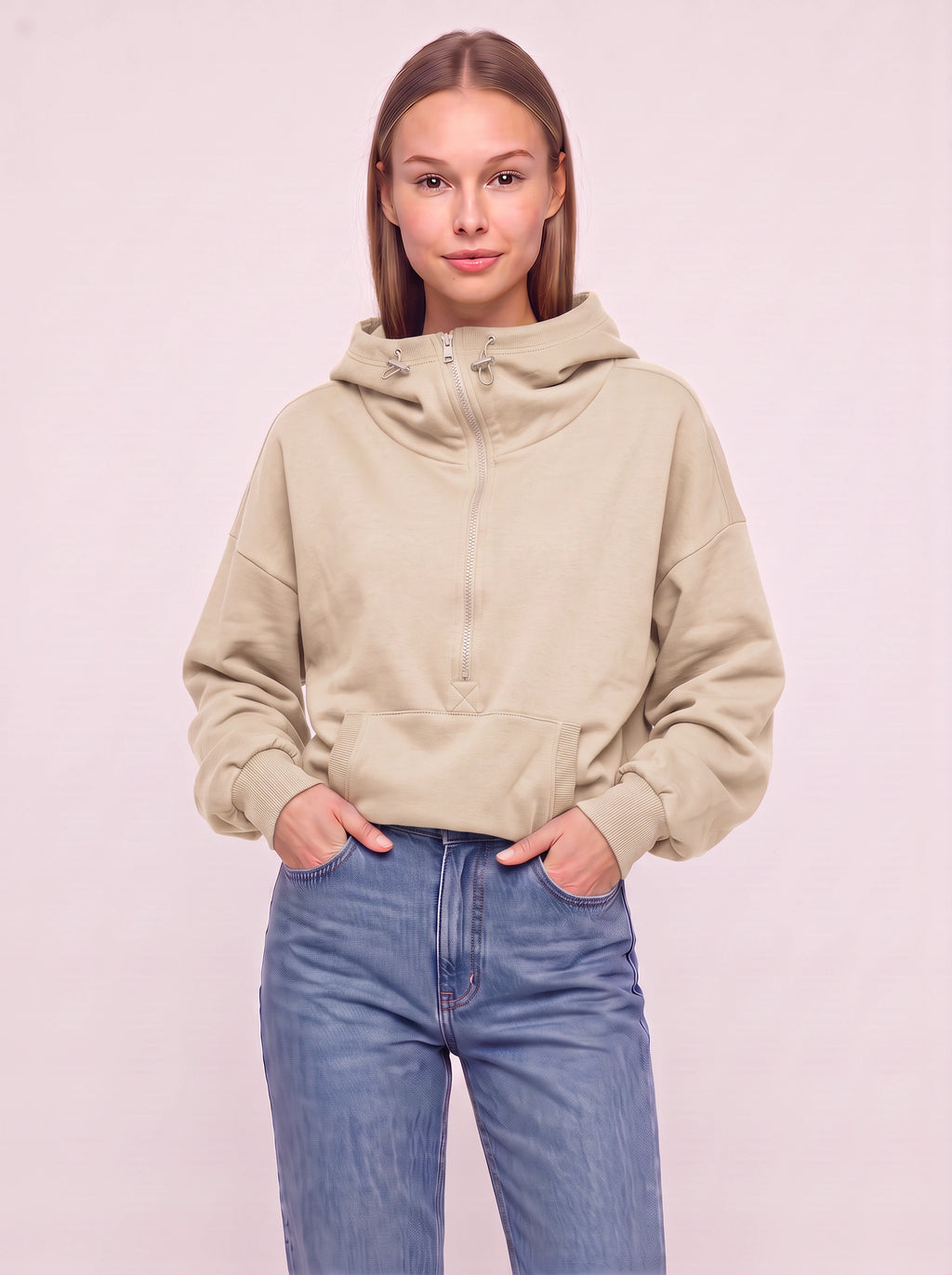Halpzi Oversized Half-Zip Crop Hoodie – Women Pullover Streetwear Casual Athleisure High Neck Sweatshirt