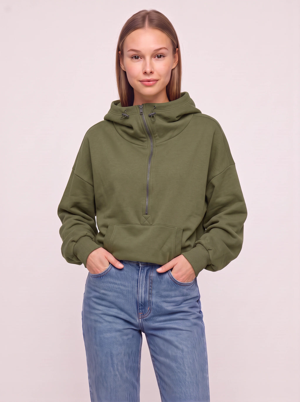 Halpzi Oversized Half-Zip Crop Hoodie – Women Pullover Streetwear Casual Athleisure High Neck Sweatshirt
