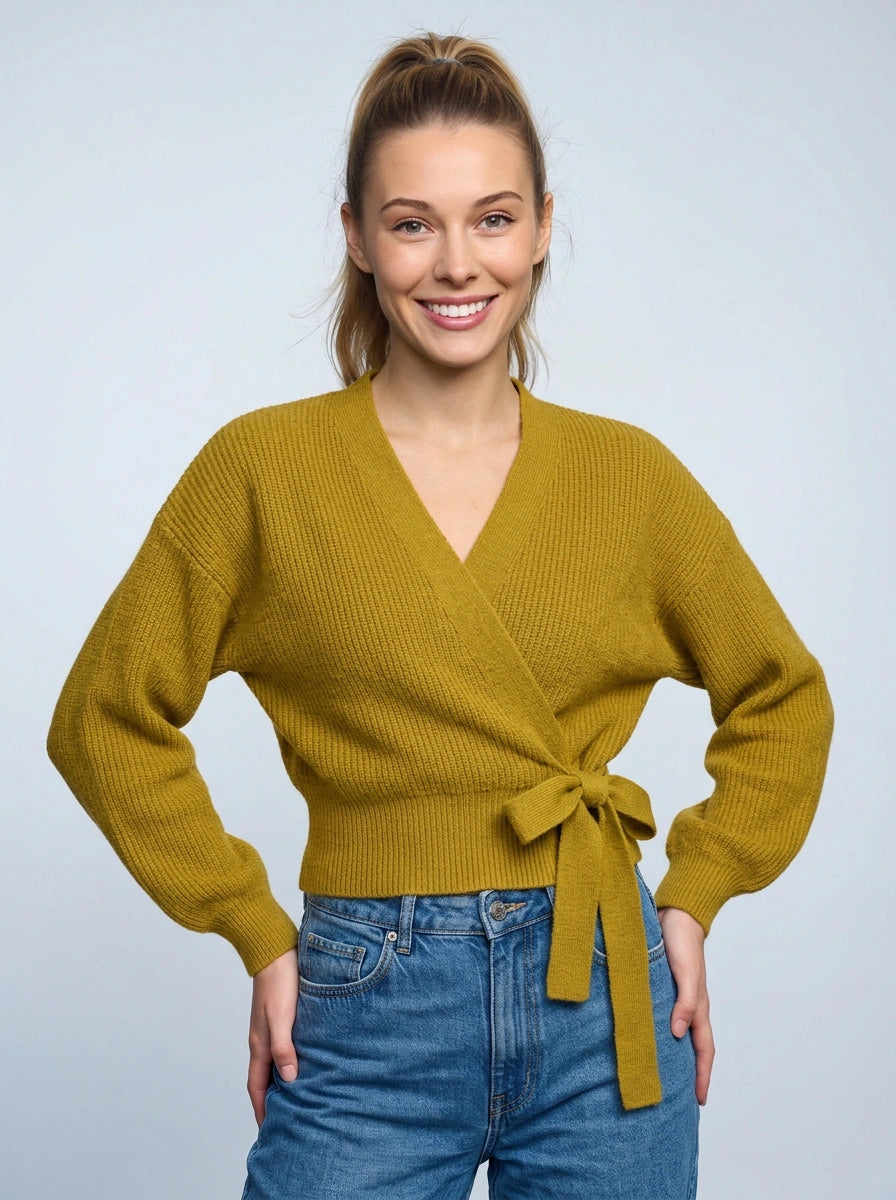 Tierna Ribbed Knit Wrap Cardigan – Women Casual Autumn V-Neck Tie Waist Long Sleeve Sweater