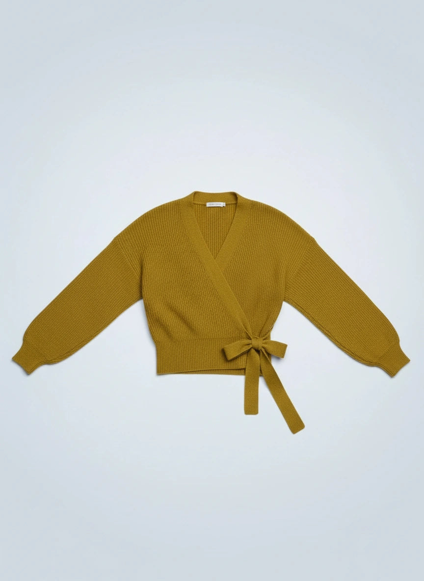 Tierna Ribbed Knit Wrap Cardigan – Women Casual Autumn V-Neck Tie Waist Long Sleeve Sweater