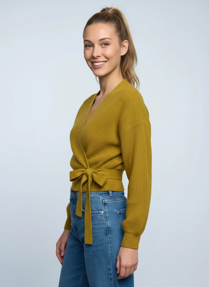 Tierna Ribbed Knit Wrap Cardigan – Women Casual Autumn V-Neck Tie Waist Long Sleeve Sweater