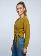 Tierna Ribbed Knit Wrap Cardigan – Women Casual Autumn V-Neck Tie Waist Long Sleeve Sweater