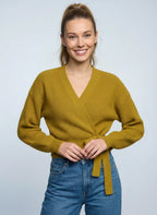 Tierna Ribbed Knit Wrap Cardigan – Women Casual Autumn V-Neck Tie Waist Long Sleeve Sweater