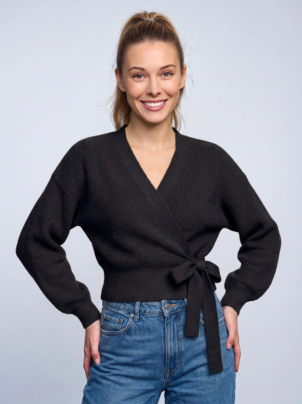 Tierna Ribbed Knit Wrap Cardigan – Women Casual Autumn V-Neck Tie Waist Long Sleeve Sweater