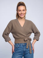 Tierna Ribbed Knit Wrap Cardigan – Women Casual Autumn V-Neck Tie Waist Long Sleeve Sweater
