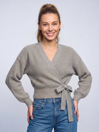 Tierna Ribbed Knit Wrap Cardigan – Women Casual Autumn V-Neck Tie Waist Long Sleeve Sweater
