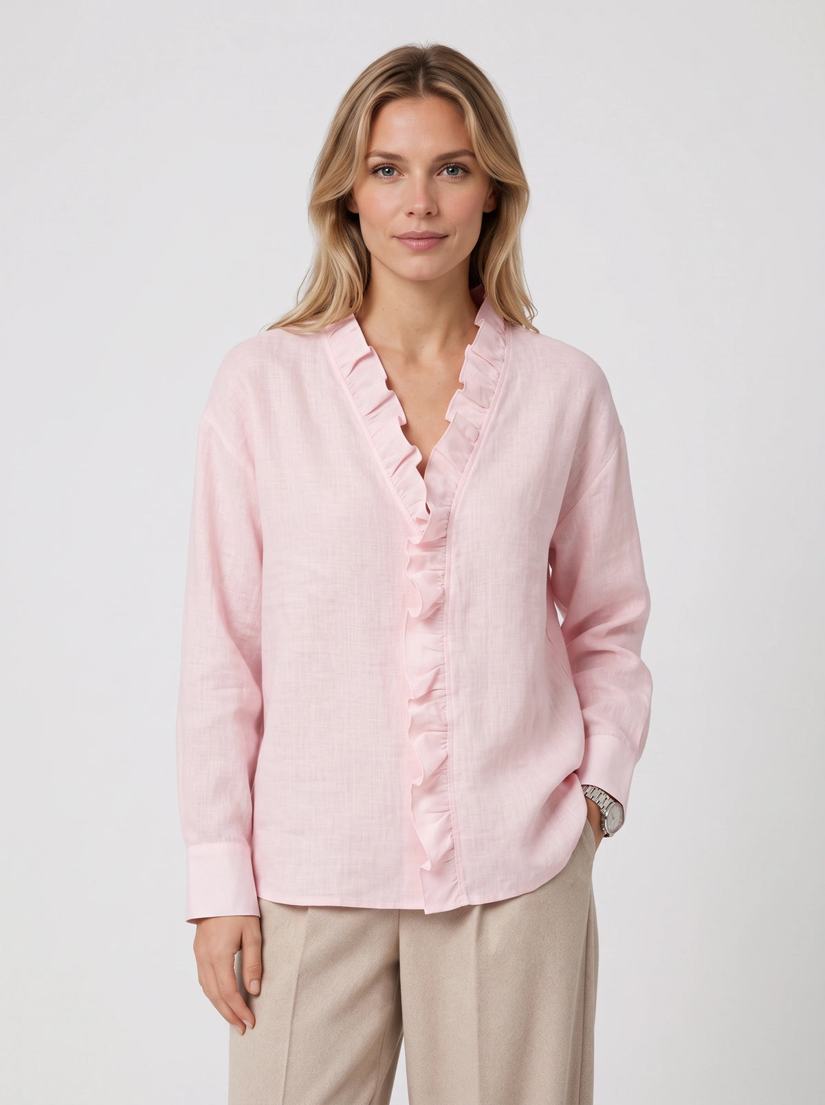 Pleafril Ruffle Front Linen Shirt – Long Sleeve V-Neck Women Casual Office Smart Linen Blouse