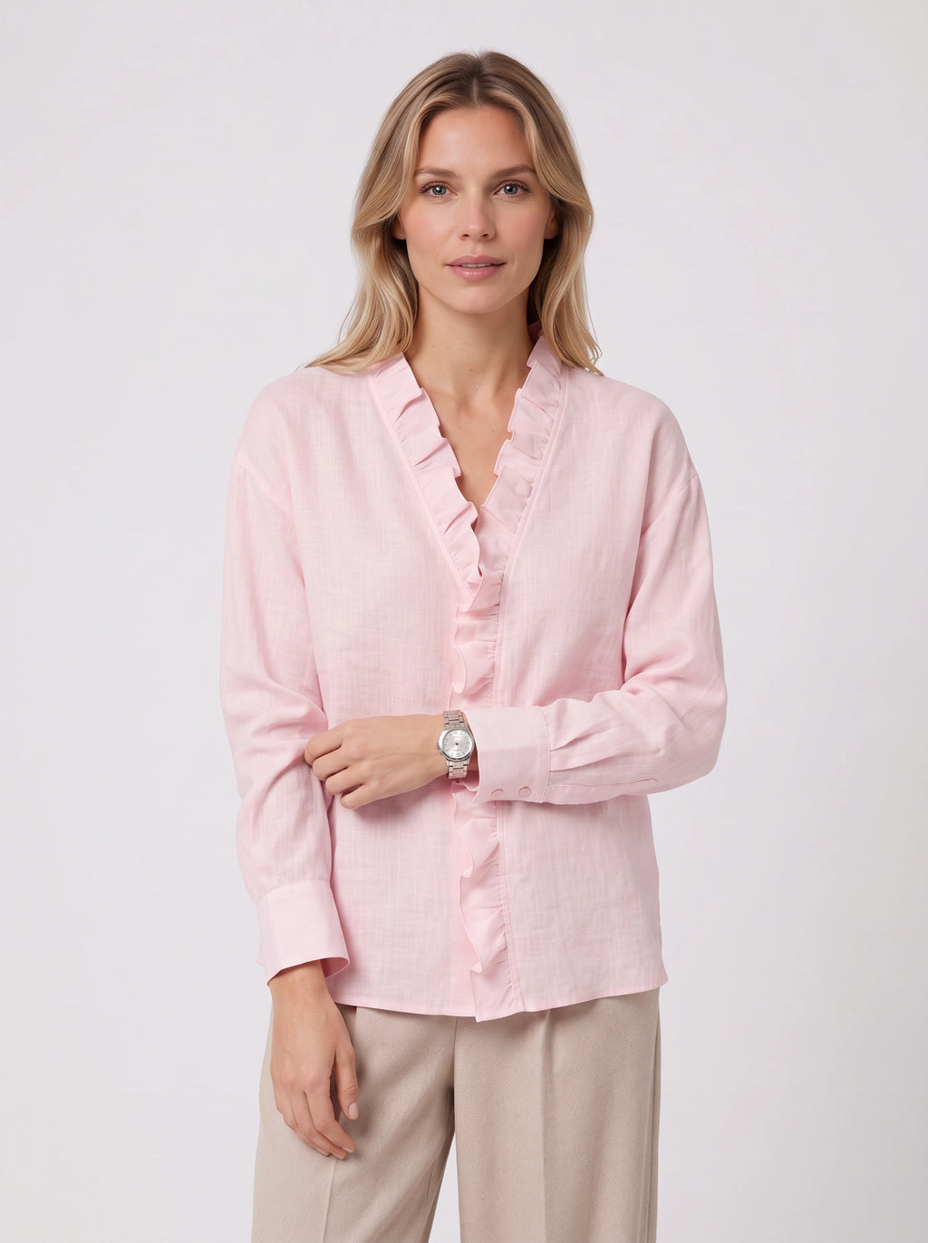Pleafril Ruffle Front Linen Shirt – Long Sleeve V-Neck Women Casual Office Smart Linen Blouse