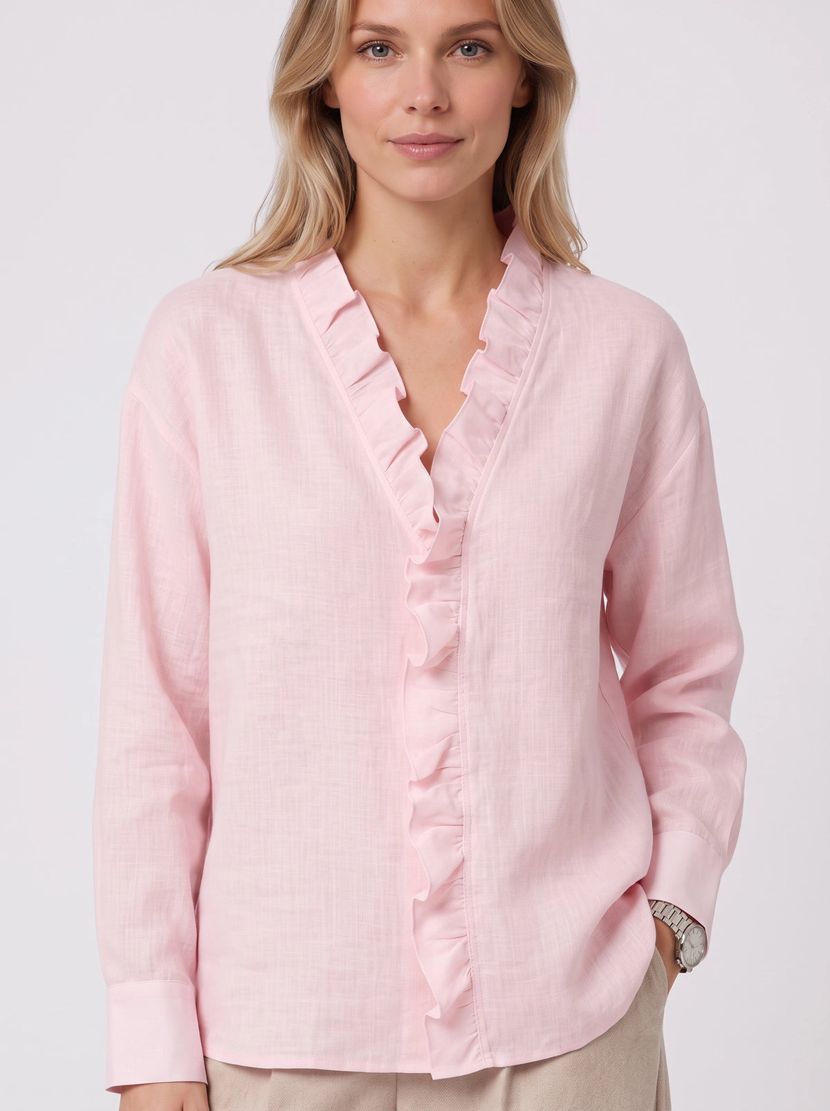 Pleafril Ruffle Front Linen Shirt – Long Sleeve V-Neck Women Casual Office Smart Linen Blouse