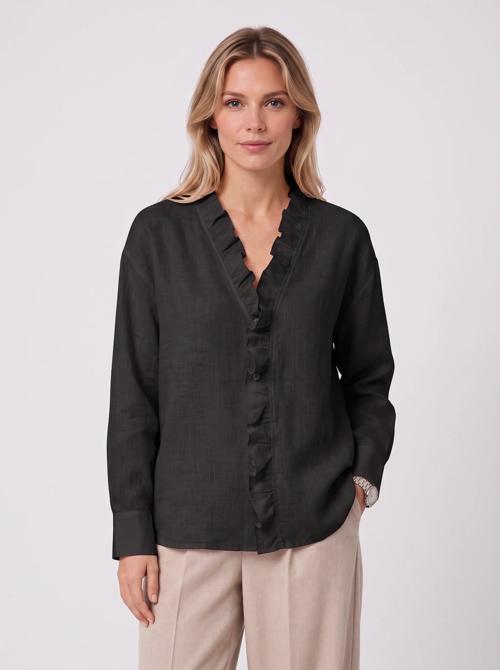 Pleafril Ruffle Front Linen Shirt – Long Sleeve V-Neck Women Casual Office Smart Linen Blouse