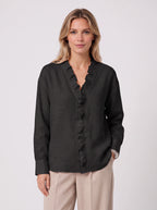 Pleafril Ruffle Front Linen Shirt – Long Sleeve V-Neck Women Casual Office Smart Linen Blouse