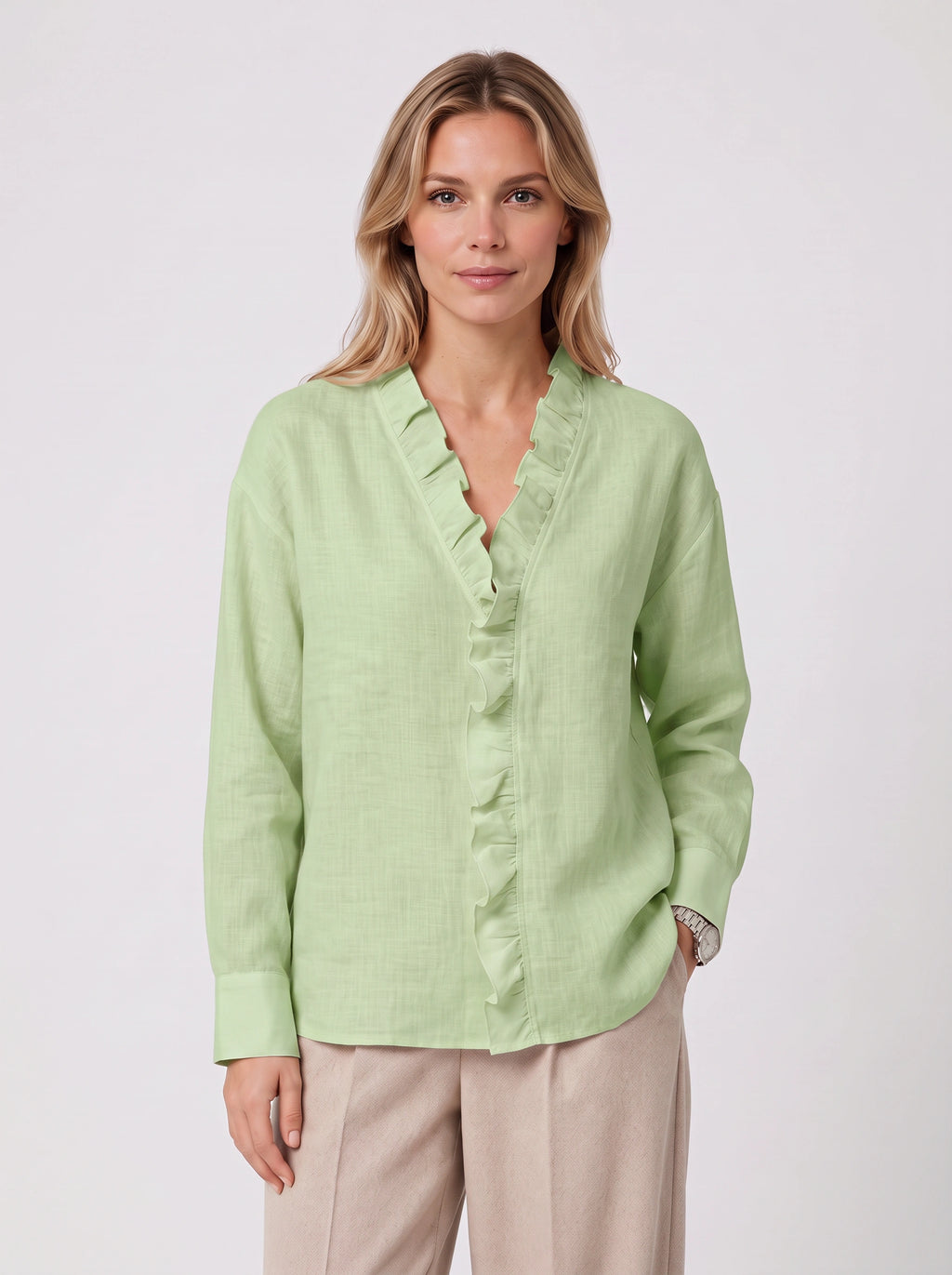 Pleafril Ruffle Front Linen Shirt – Long Sleeve V-Neck Women Casual Office Smart Linen Blouse