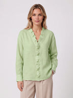 Pleafril Ruffle Front Linen Shirt – Long Sleeve V-Neck Women Casual Office Smart Linen Blouse