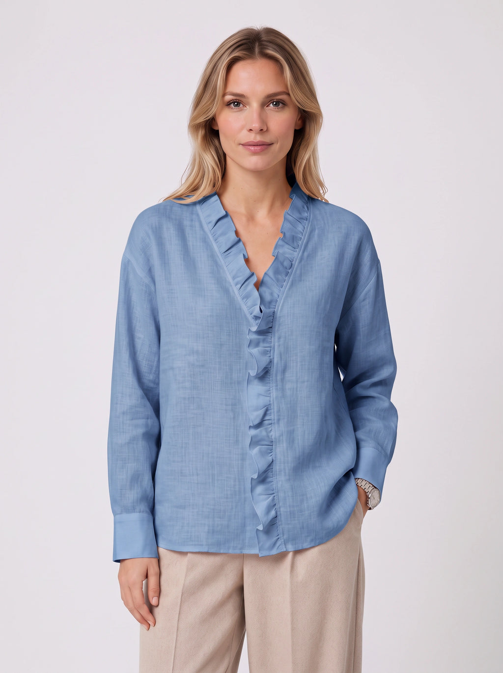 Pleafril Ruffle Front Linen Shirt – Long Sleeve V-Neck Women Casual Office Smart Linen Blouse