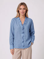 Pleafril Ruffle Front Linen Shirt – Long Sleeve V-Neck Women Casual Office Smart Linen Blouse