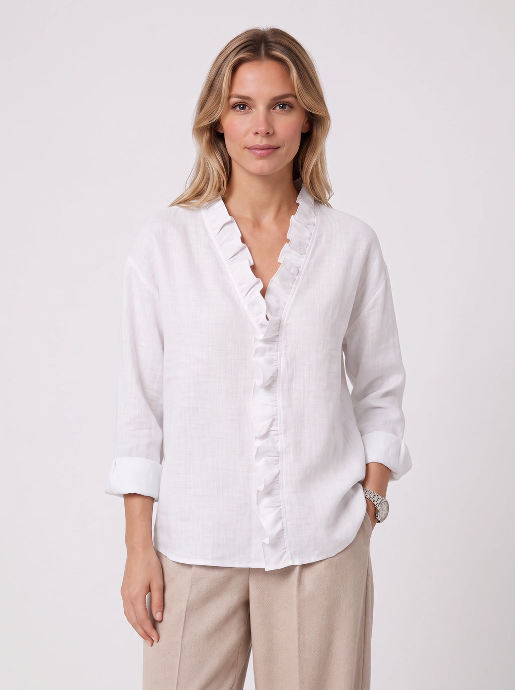 Pleafril Ruffle Front Linen Shirt – Long Sleeve V-Neck Women Casual Office Smart Linen Blouse