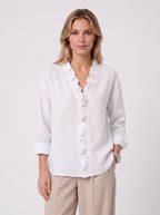 Pleafril Ruffle Front Linen Shirt – Long Sleeve V-Neck Women Casual Office Smart Linen Blouse