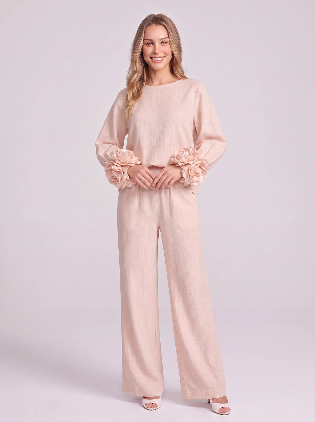 Rosblune Linen Top Trouser Co-Ord Set – Women Loungewear Casual Autumn Elegant Rosette Sleeve Two-Piece Set