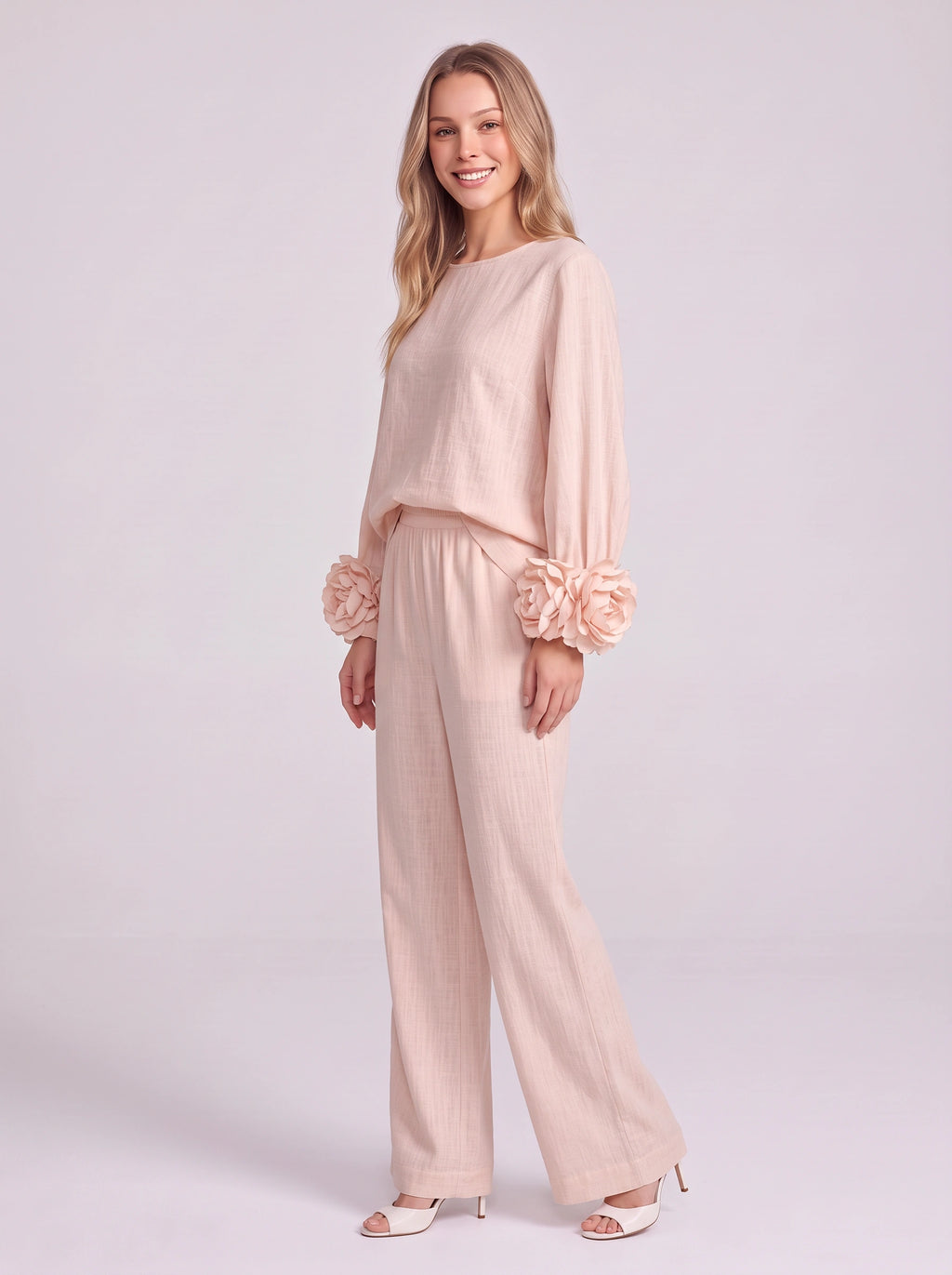 Rosblune Linen Top Trouser Co-Ord Set – Women Loungewear Casual Autumn Elegant Rosette Sleeve Two-Piece Set