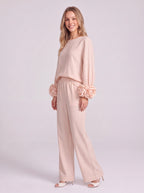 Rosblune Linen Top Trouser Co-Ord Set – Women Loungewear Casual Autumn Elegant Rosette Sleeve Two-Piece Set