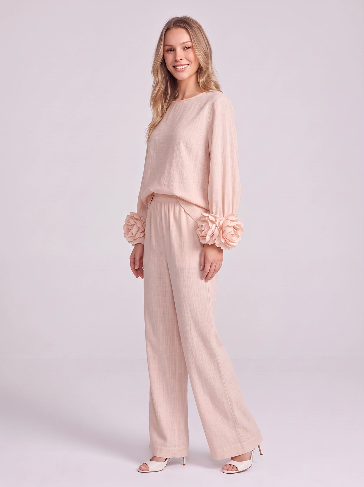 Rosblune Linen Top Trouser Co-Ord Set – Women Loungewear Casual Autumn Elegant Rosette Sleeve Two-Piece Set