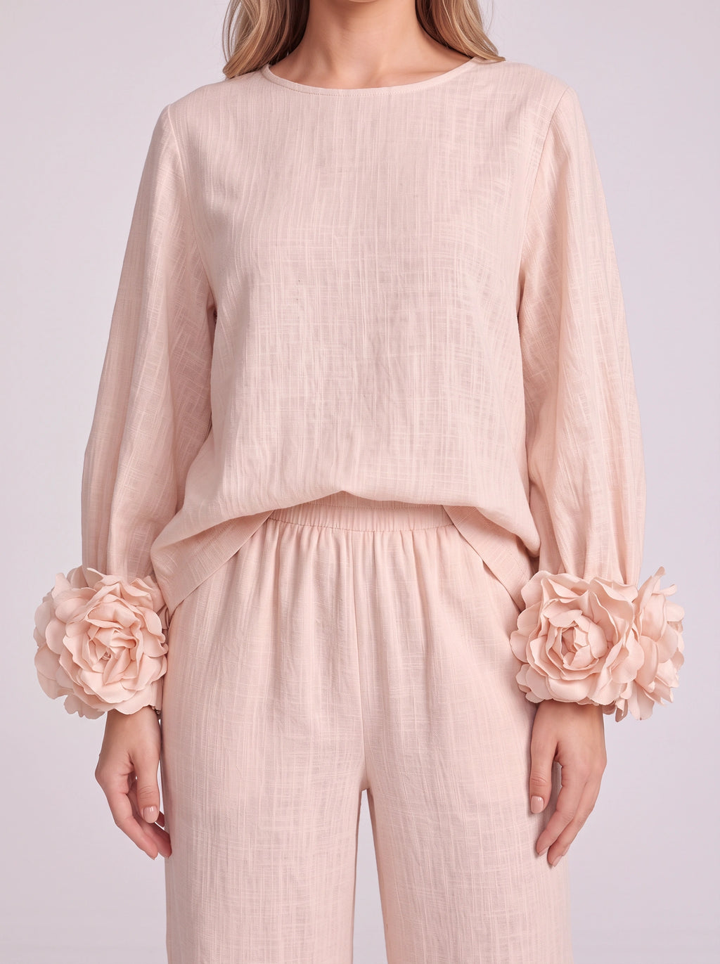 Rosblune Linen Top Trouser Co-Ord Set – Women Loungewear Casual Autumn Elegant Rosette Sleeve Two-Piece Set