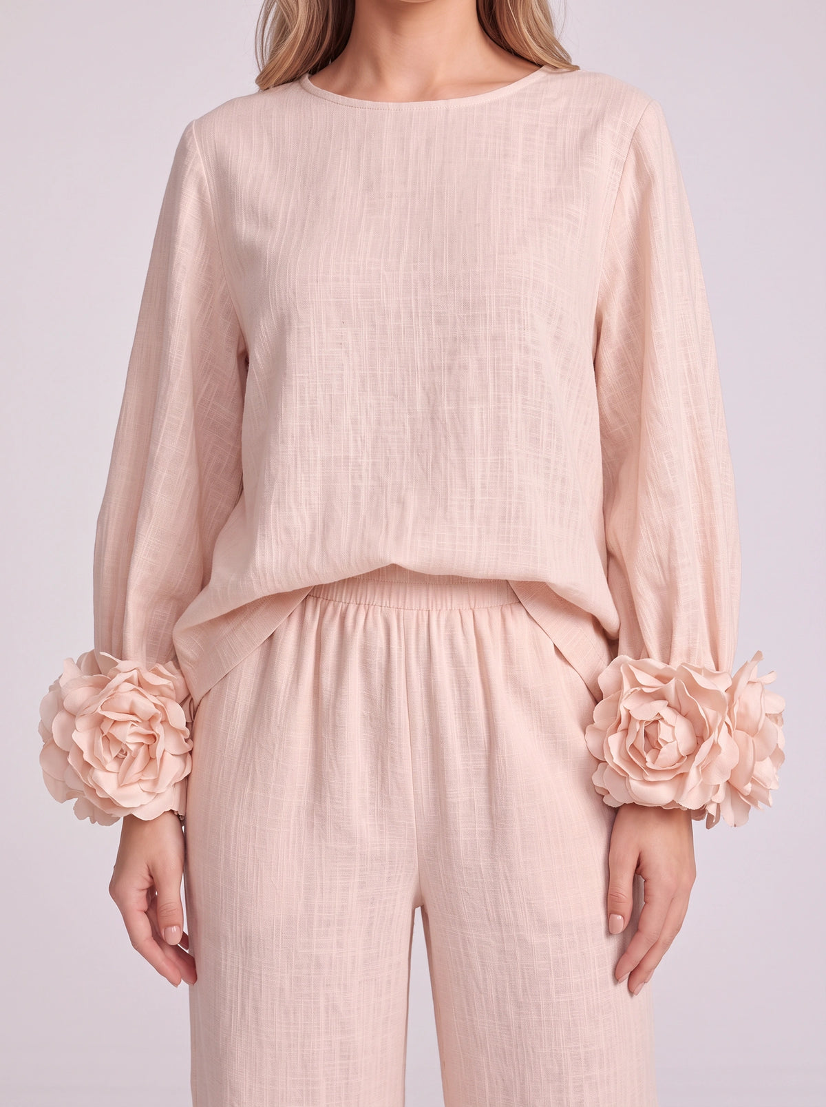 Rosblune Linen Top Trouser Co-Ord Set – Women Loungewear Casual Autumn Elegant Rosette Sleeve Two-Piece Set