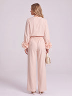 Rosblune Linen Top Trouser Co-Ord Set – Women Loungewear Casual Autumn Elegant Rosette Sleeve Two-Piece Set