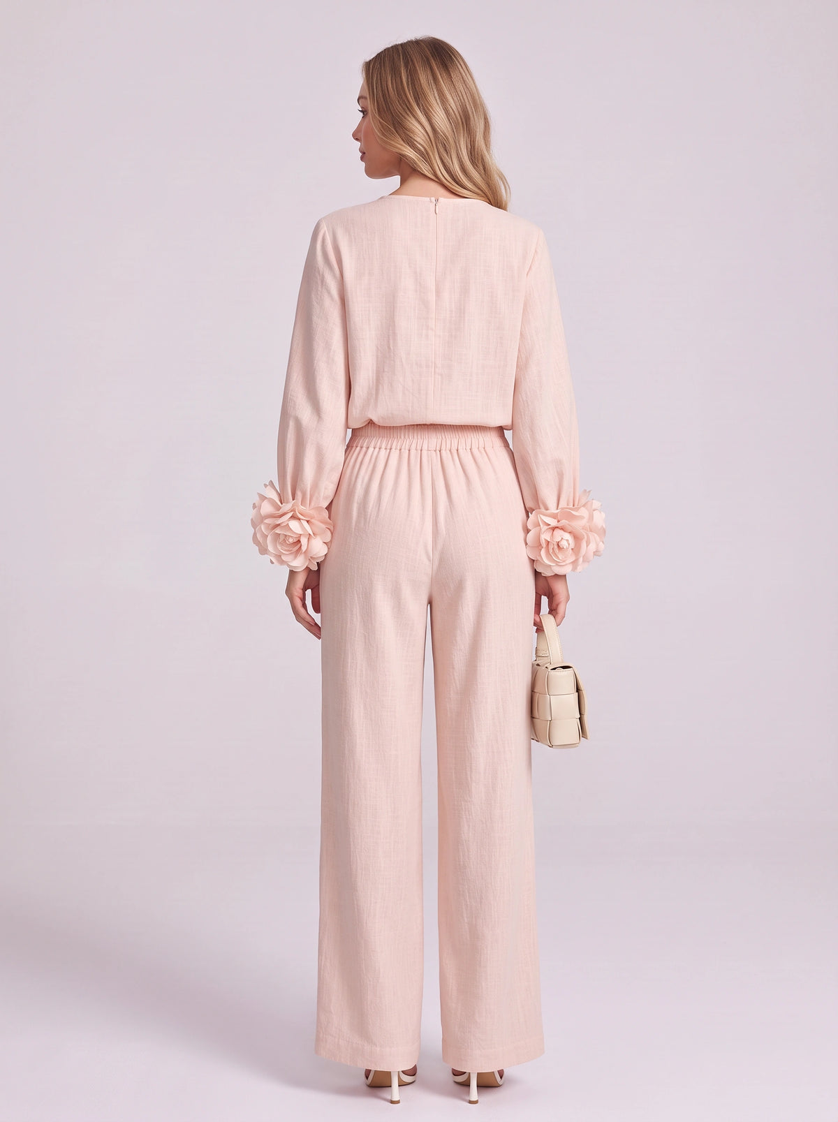 Rosblune Linen Top Trouser Co-Ord Set – Women Loungewear Casual Autumn Elegant Rosette Sleeve Two-Piece Set