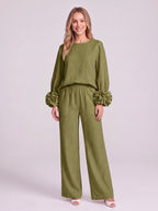 Rosblune Linen Top Trouser Co-Ord Set – Women Loungewear Casual Autumn Elegant Rosette Sleeve Two-Piece Set