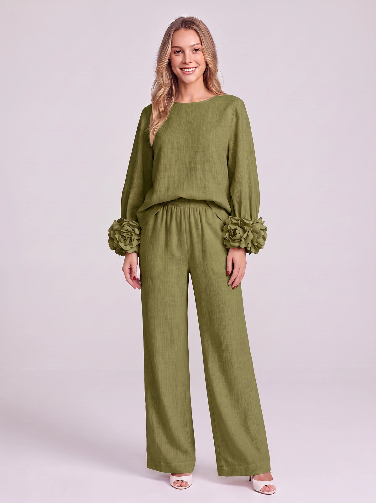 Rosblune Linen Top Trouser Co-Ord Set – Women Loungewear Casual Autumn Elegant Rosette Sleeve Two-Piece Set
