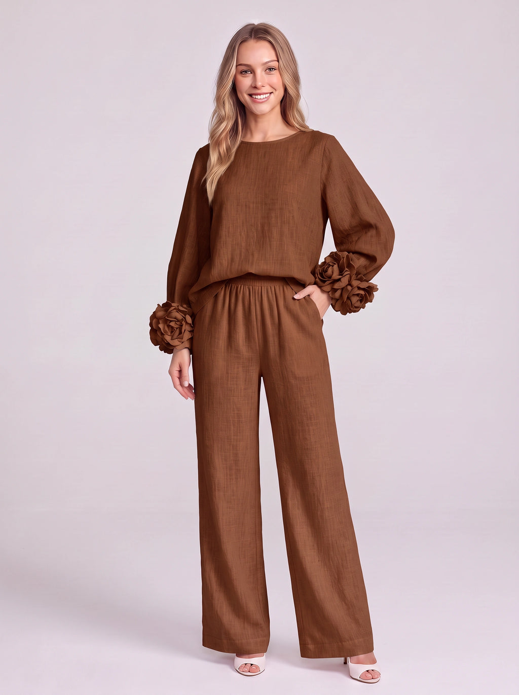 Rosblune Linen Top Trouser Co-Ord Set – Women Loungewear Casual Autumn Elegant Rosette Sleeve Two-Piece Set