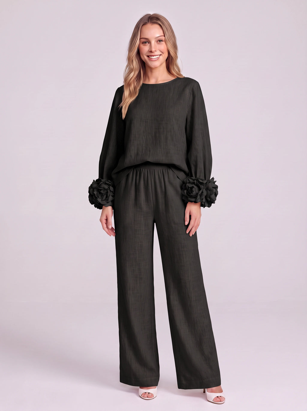 Rosblune Linen Top Trouser Co-Ord Set – Women Loungewear Casual Autumn Elegant Rosette Sleeve Two-Piece Set